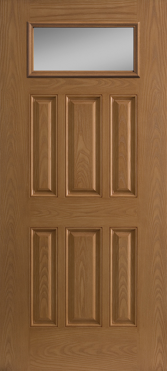 Oak textured fiberglass exterior door 6 panel with small lite rectangle